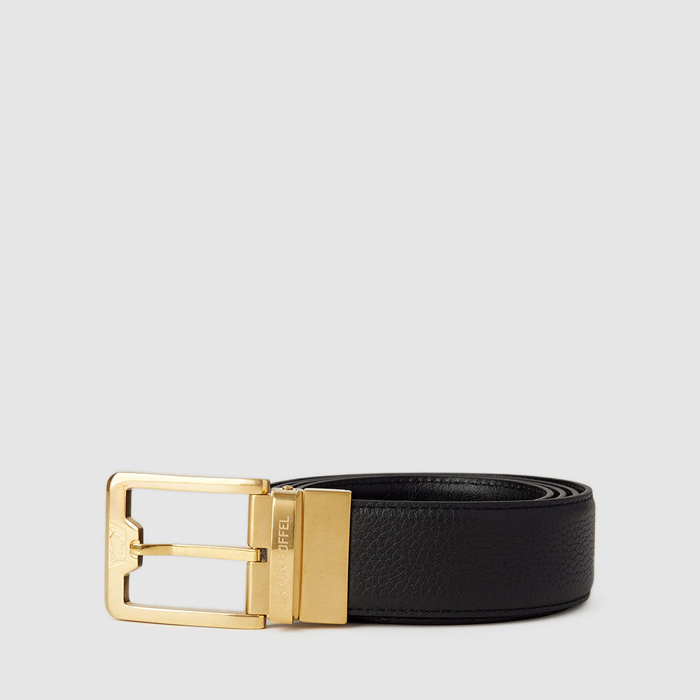 EMBOSSED REVERSIBLE LEATHER BELT IN SATIN GOLD FINISH WITH STAINLESS STEEL BUCKLE