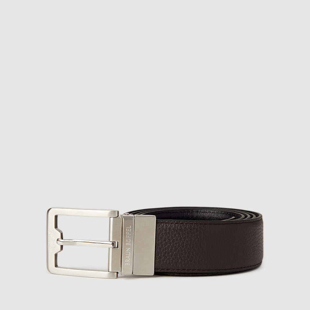 EMBOSSED REVERSIBLE LEATHER BELT IN SATIN NICKEL FINISH WITH STAINLESS STEEL BUCKLE