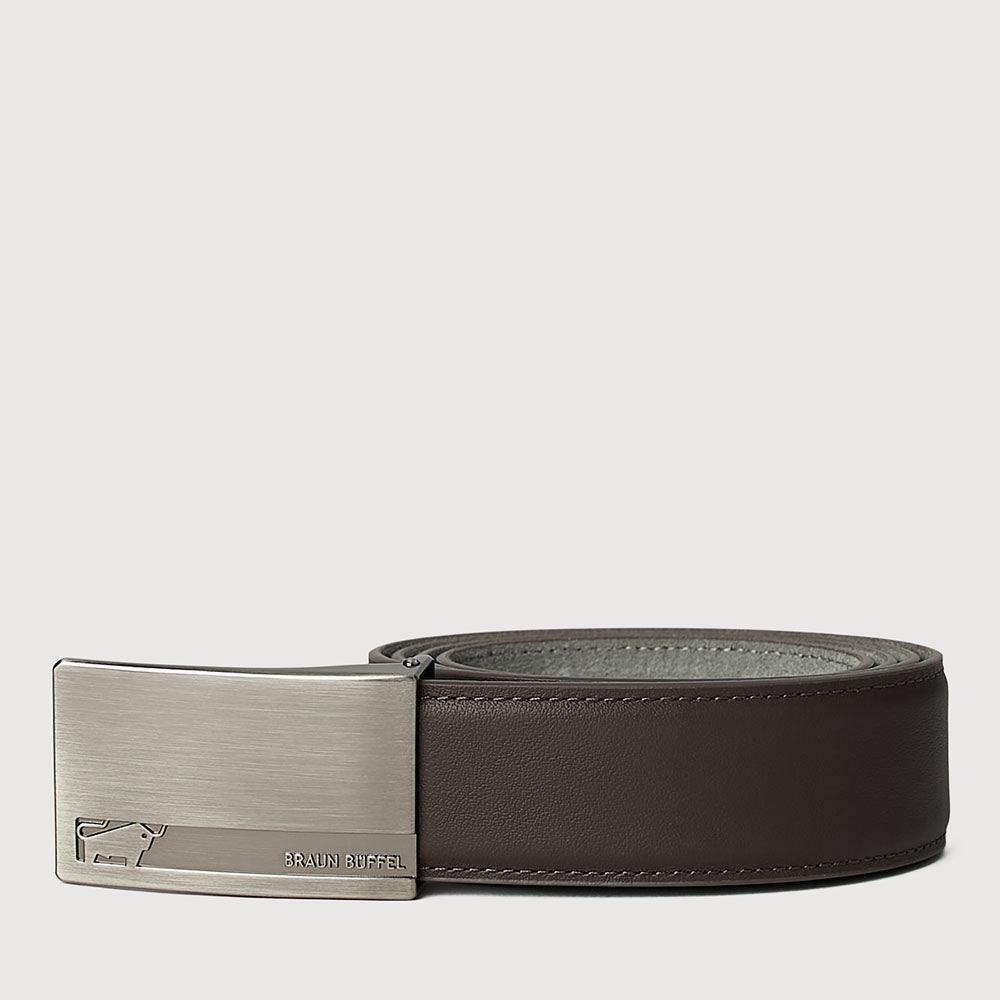 SAFFIANO EMBOSSED LEATHER BELT WITH SATIN GUN ALLOY BUCKLE